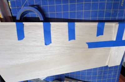 Cut the 3/16&quot; x 1/2&quot; x 36&quot; balsa to the proper length for the LE.  Note the balsa LE overlaps the tip block.  Use Titebond to glue the LE in place and tape to secure.
